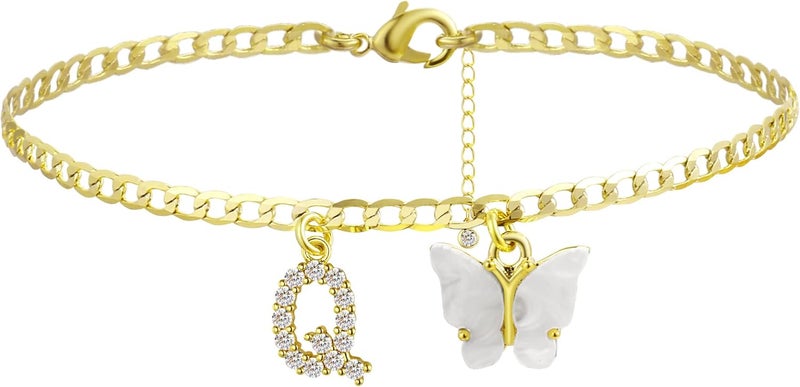 VIROMY 14K Gold Plated Dainty Butterfly Initial Ankle Bracelets Handmade Cuban Chain White Butterfly A-Z Alphabet Letter Initial Anklets Personalized Summer Beach Jewelry Gifts for Women - Image 1